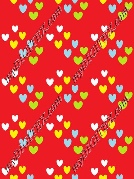 Colorful hearts on red