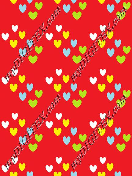 Colorful hearts on red