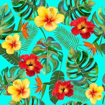 Tropical Leaves and Flowers on blue