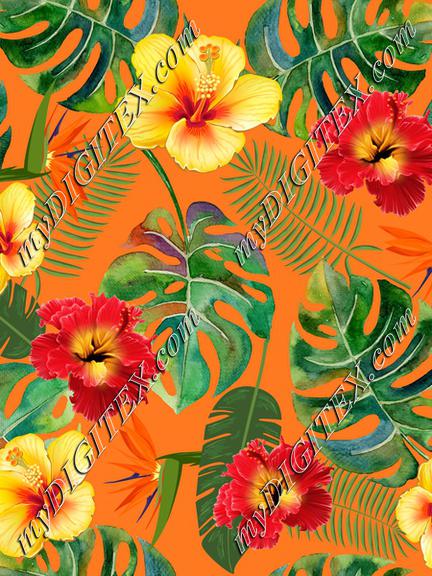 Tropical flowers and leaves on  orange