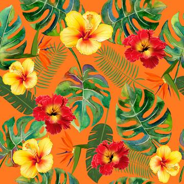 Tropical flowers and leaves on  orange