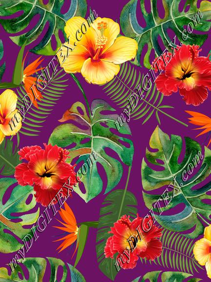 Tropical Leaves and fflowers on purple