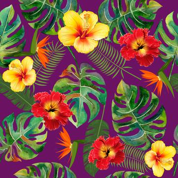 Tropical Leaves and fflowers on purple