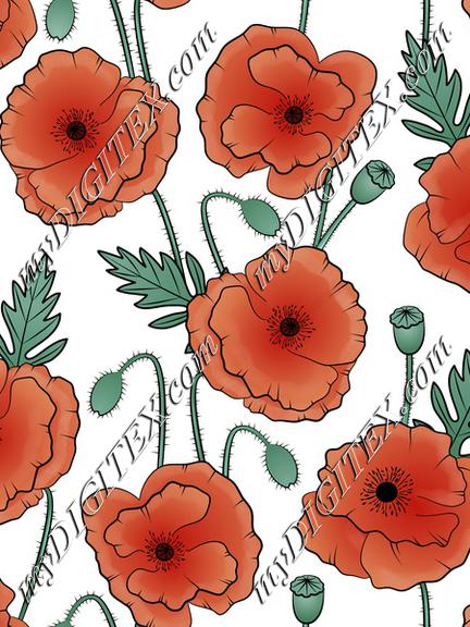 Poppy flowers on white textile. Wildflowers fabric