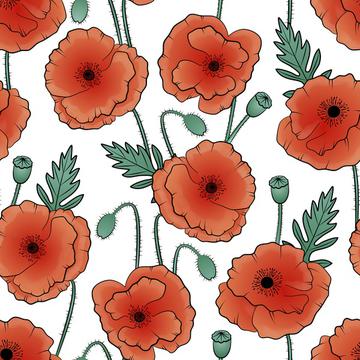 Poppy flowers on white textile. Wildflowers fabric