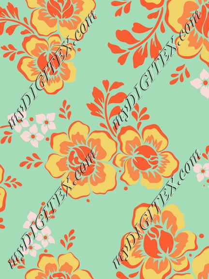 Chintz rose flowers yellow and orange on turquoise bakcground with violet ditsy florals