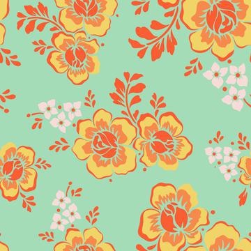 Chintz rose flowers yellow and orange on turquoise bakcground with violet ditsy florals