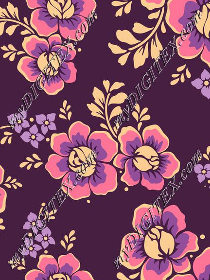 Chintz rose flowers yellow and pink on purple background with violet ditsy florals