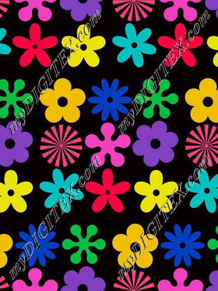 Colorful flowers on a black background pattern