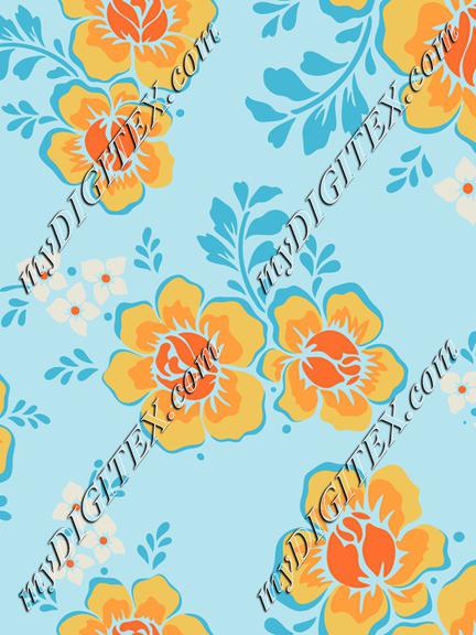 Chintz rose flowers yellow and orange on blue background with white ditsy florals