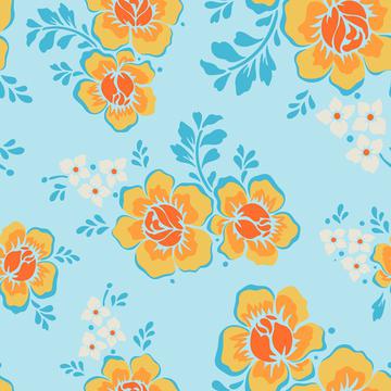 Chintz rose flowers yellow and orange on blue background with white ditsy florals