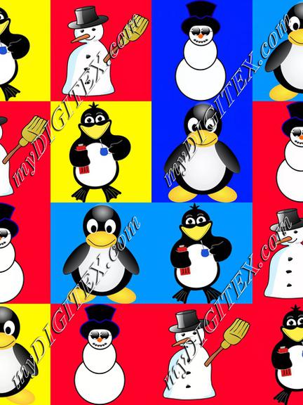 Penguins and snowman colorful pattern