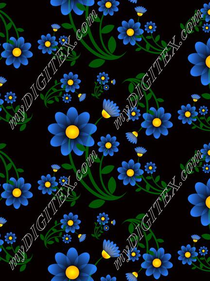 Blue flowers on a black background pattern