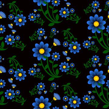 Blue flowers on a black background pattern