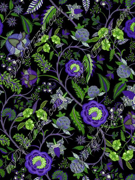 Chintz on black, purple and green