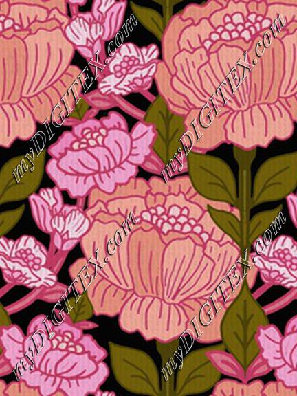 Retro-medalion-mirror-flower-growing-Pink, peach and greens on black background