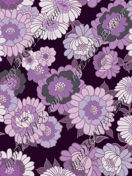 Vintage Wallpaper Flowers in Purple and Violet tonals- Dark Purple background