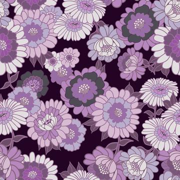 Vintage Wallpaper Flowers in Purple and Violet tonals- Dark Purple background