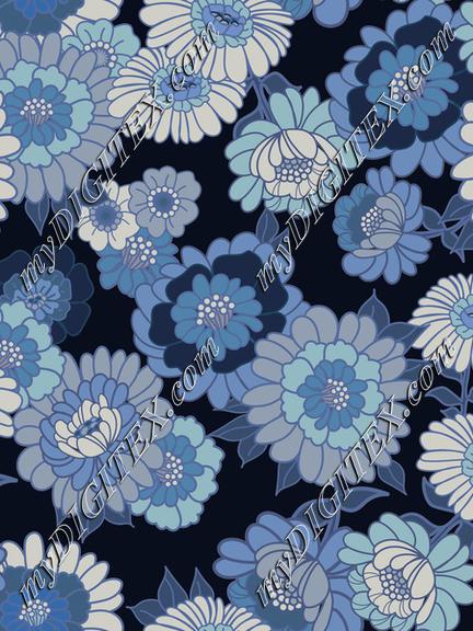 Vintage Wallpaper Flowers in Blue tonals- Navy background