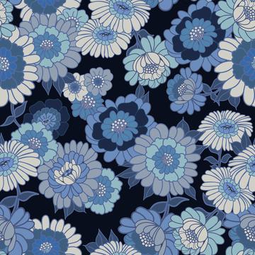 Vintage Wallpaper Flowers in Blue tonals- Navy background