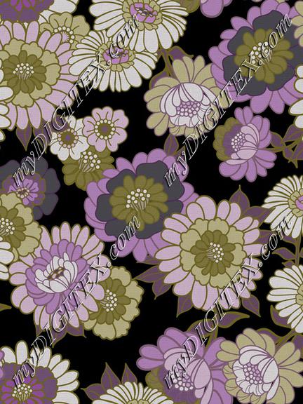 Vintage Wallpaper Flowers in Purple and Green tonals- Black background
