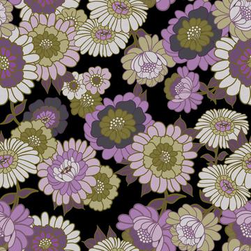 Vintage Wallpaper Flowers in Purple and Green tonals- Black background