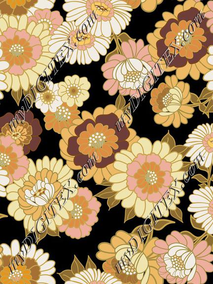 Vintage Wallpaper Flowers in Retro tones tonals- Black background