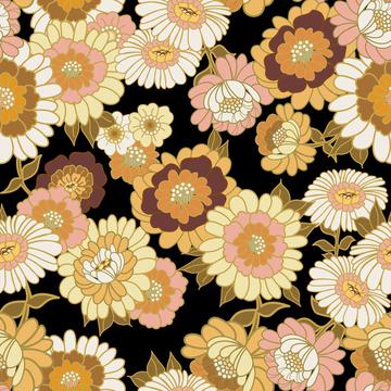 Vintage Wallpaper Flowers in Retro tones tonals- Black background