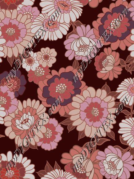 Vintage Wallpaper Flowers in Red and Pink tonals- Winered background