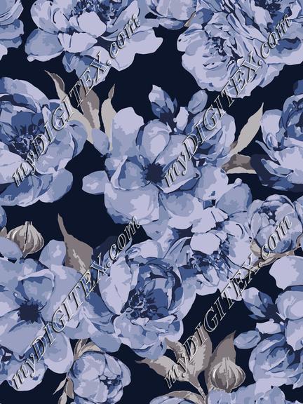 Big romantic dust blue peony flowers on Dark Navy background