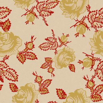 Roses Block Print Dots Retro 30's  Red Tan Gold