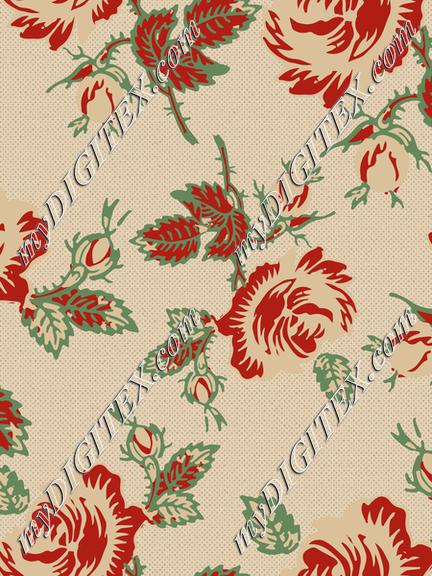 Roses Block Print Dots Retro 30's  Red Tan Green Gold