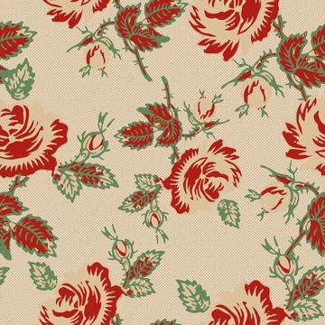 Roses Block Print Dots Retro 30's  Red Tan Green Gold