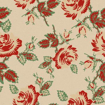 Roses Block Print Dots Retro 30's  Red Tan Green Gold