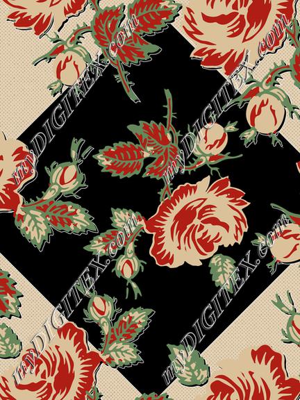 Roses Block Print Dots Retro 30's Black Shadow Red Tan Green Gold