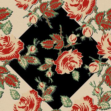 Roses Block Print Dots Retro 30's Black Shadow Red Tan Green Gold