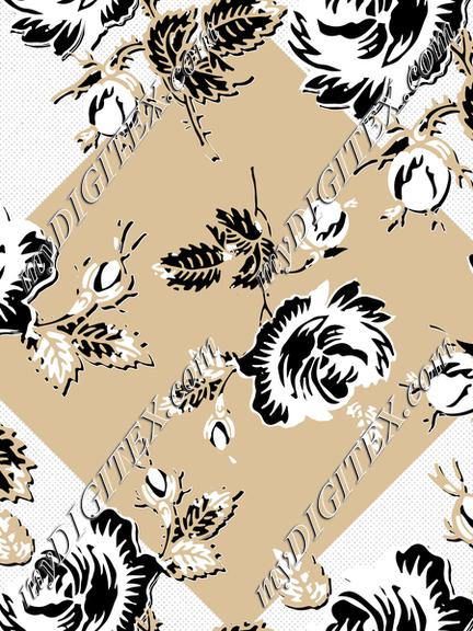 Roses Block Print Dots Retro 30's Black Tan White