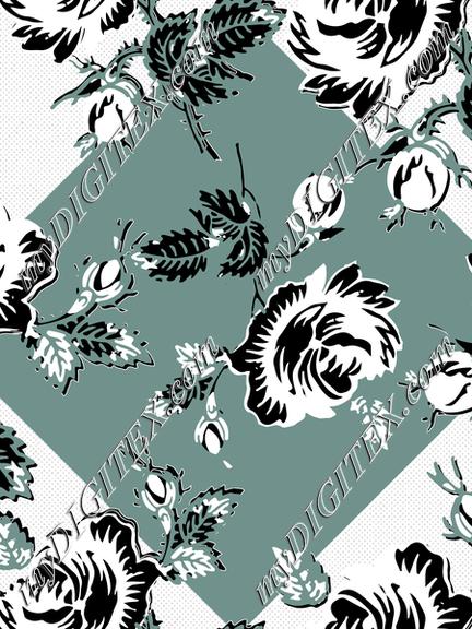 Roses Block Print Dots Retro 30's Black Teal White