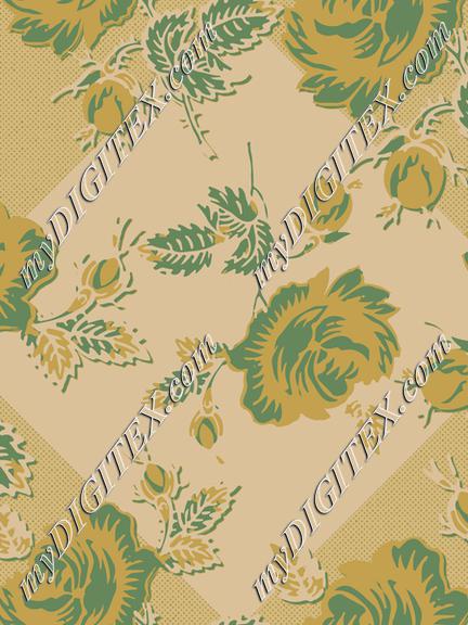 Roses Block Print Dots Retro 30's Gold Green