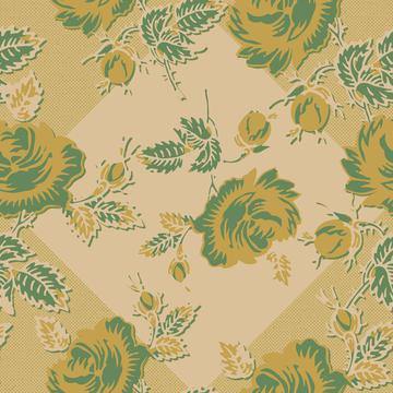 Roses Block Print Dots Retro 30's Gold Green