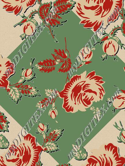 Roses Block Print Dots Retro 30's Green Diamond Black Shadow Red Tan Green Gold