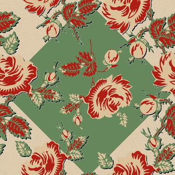 Roses Block Print Dots Retro 30's Green Diamond Black Shadow Red Tan Green Gold