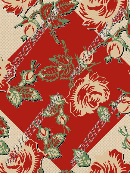 Roses Block Print Dots Retro 30's Red Diamond Black Shadow Red Tan Green Gold