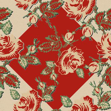 Roses Block Print Dots Retro 30's Red Diamond Black Shadow Red Tan Green Gold