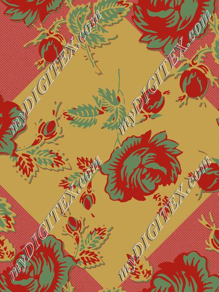 Roses Block Print Dots Retro 30's Red Pink Gold Green