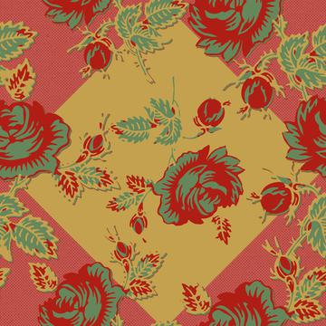 Roses Block Print Dots Retro 30's Red Pink Gold Green