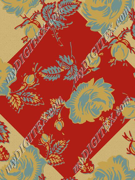 Roses Block Print Dots Retro 30's Red Teal Gold Green
