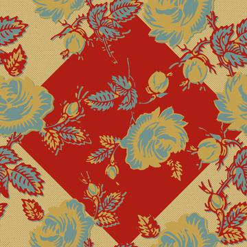 Roses Block Print Dots Retro 30's Red Teal Gold Green