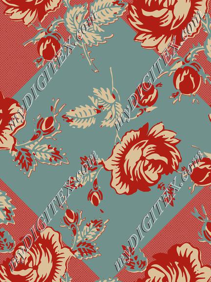 Roses Block Print Dots Retro 30's Red Teal Pink