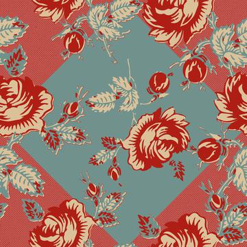 Roses Block Print Dots Retro 30's Red Teal Pink